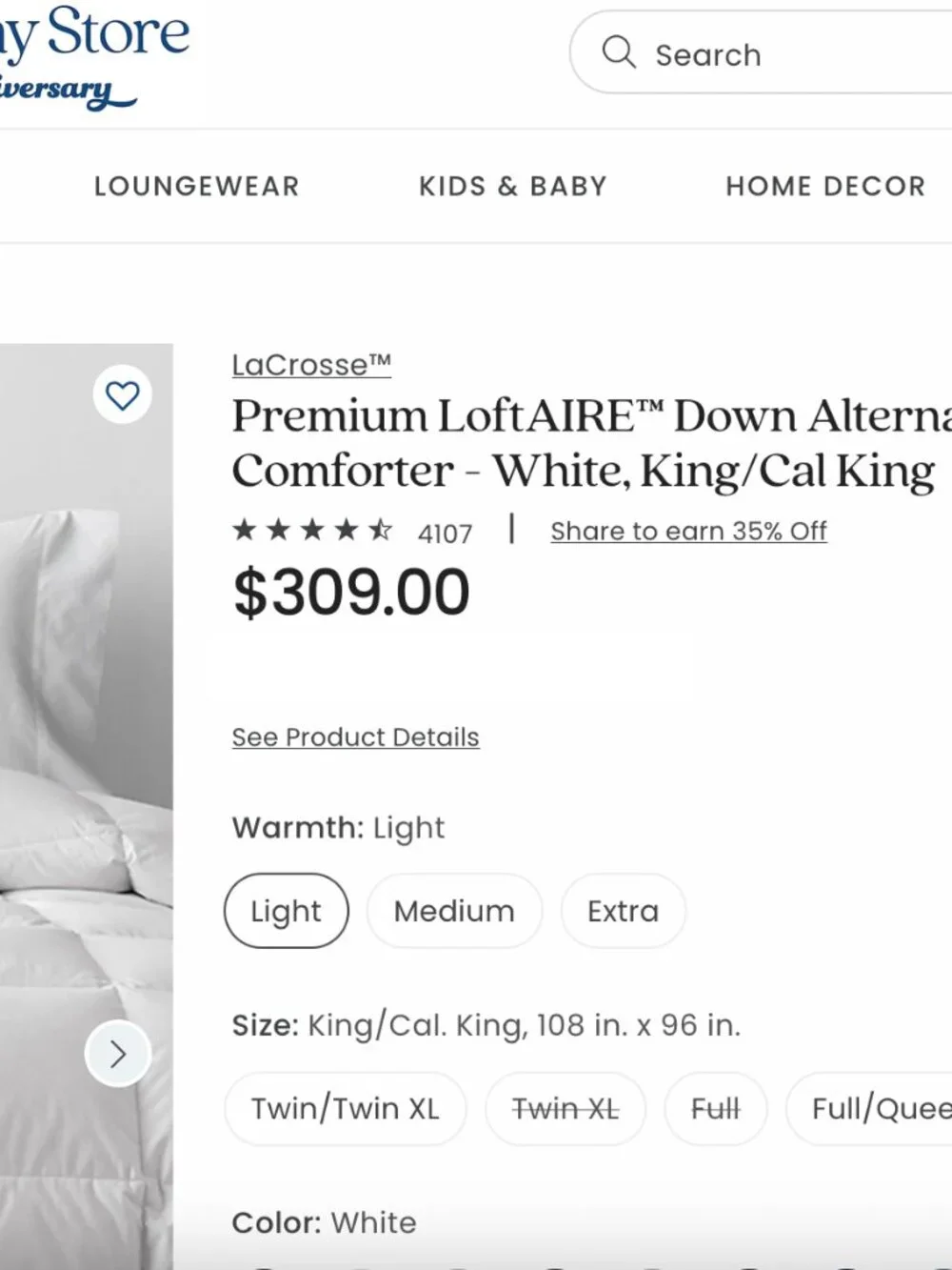 Company Store LoftAIRE Down Alternative Light Warmth Comforter, White, King